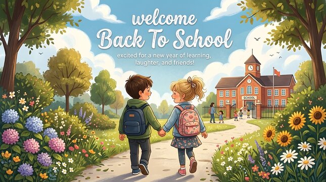 Children walking to school on a scenic path with backpacks, cheerful landscape, and welcoming back to school atmosphere