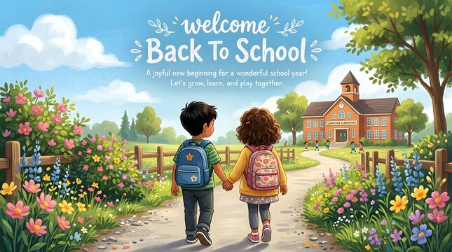 Children walking to school on a scenic path with backpacks, cheerful landscape, and welcoming back to school atmosphere