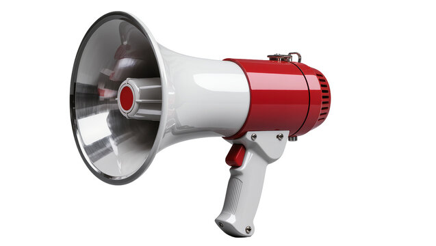 Red and white megaphone with metallic horn, isolated on transparent background