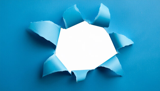 Close Up Image Of A Blue Paper Sheet With A Jagged Hole Torn Through The Center Revealing A Transparent Background