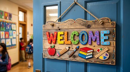 Obraz premium Rustic wooden welcome back to school sign with books, apple, and school supplies on vintage wall background