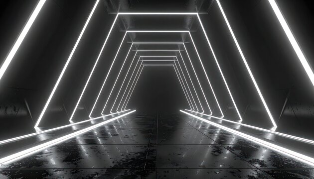 A futuristic, dark, and reflective hallway illuminated by bright white linear lights, creating a sense of depth and mystery.