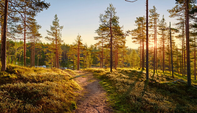 Pathway Through The Hills Of Majestic Evergreen Forest Mighty Pine Spruce Trees Moss Plants Finland Soft Golden Sunset Light Idyllic Autumn Scene Nature Seasons Environment Ecotourism