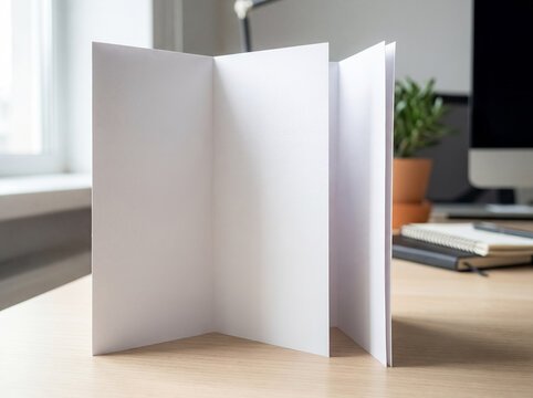 blank white folded brochure desk mockup print leaflet marketing template clean branding template concept about folded brochure standing on desk with blank panels for print layout brand information or