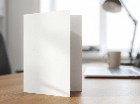 blank white folded brochure desk mockup print leaflet marketing template foreground blank mockup scene about folded brochure standing on desk with blank panels for print layout brand information or
