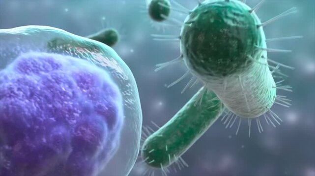Immune cell approaching macro view near bacteria, microscopic defense interaction for infection research, immunology education, pathogen response, vaccine science, and healthcare training media