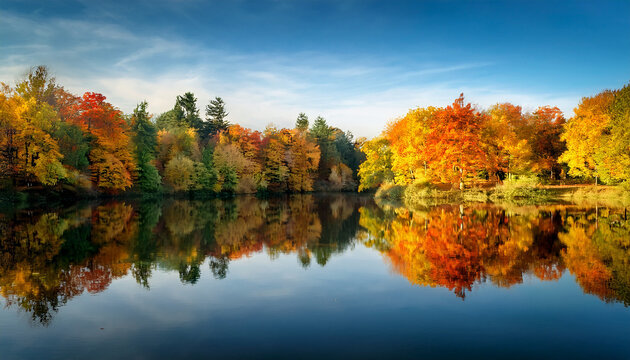 Serene Autumn Landscape With Colorful Trees Reflecting In Calm Water