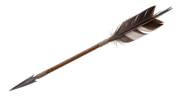 Sharp metal arrowhead and feathered fletching on wooden shaft, isolated on transparent background