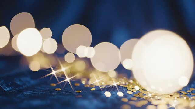 Golden star sparkles bokeh on deep blue elegant fabric