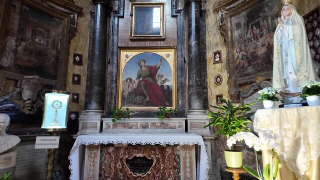 View of the small side altar with a statue of Our Lady of F&aacute;tima inside a Catholic church