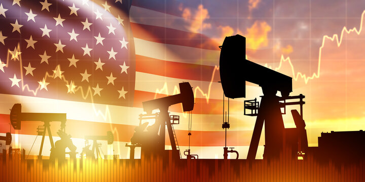 Oil industry. Petroleum pumpjacks operate against United States flag and market chart background symbolizing energy production and fuel prices 3D image