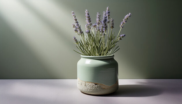 Sage Green Ceramic Jar Lavender Plant In Cracked Pot Minimalist Product Mockup Soft Light Natural Aesthetic