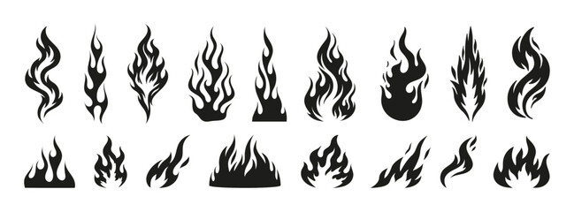 Fototapeta premium Various pillars of fire, flame silhouettes. Set of black flame silhouettes in varied shapes, isolated on white background. Old school, tattoo style. Silhouettes flames, fire, blaze. Vector graphic set
