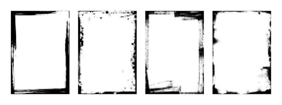 Halftone abstract halftone vertical frames with distressed grunge borders. Black and white template dotted frames featuring dynamic splatters, brush strokes, noise texture in halftone style. Vector