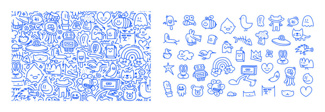 Cute doodle character and seamless pattern featuring funny cartoon characters. Doodle seamless pattern with funny characters, animals, monsters, doodle elements. Playful children's collection. Vector