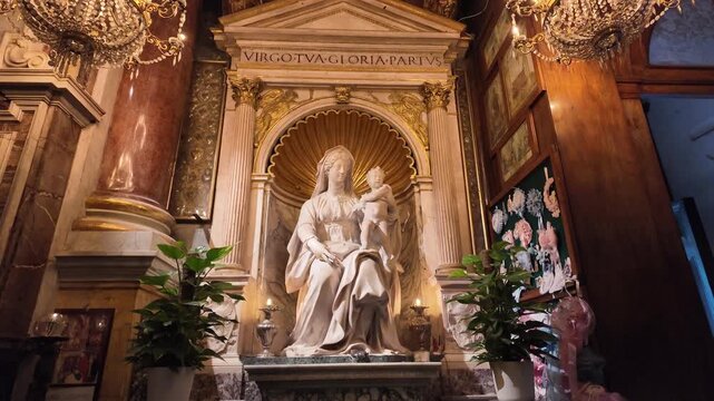 Cinematic Detail Of The Madonna Del Parto Sculpture In Basilica Di Sant'Agostino