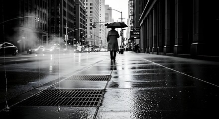 Obraz premium A lonely figure walks down a rainy city street in black and white.
