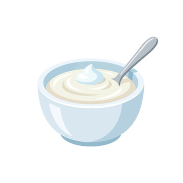 A white ceramic bowl filled with creamy yogurt and a spoon