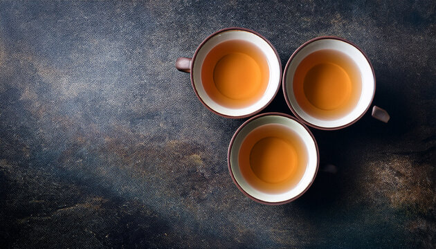 Three Cups Of Tea On A Dark Textured Background For Tea Ceremony Presentation