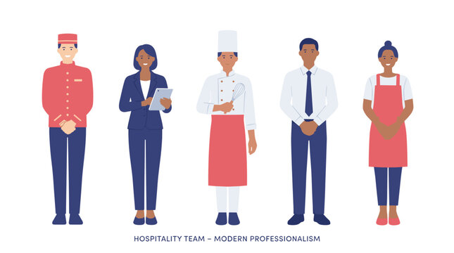 A diverse group of five hospitality professionals in uniform, including a bellhop, manager, chef, and server.