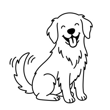 Black and white outline illustration of a happy sitting golden retriever dog with wagging tail, coloring page design isolated on white background