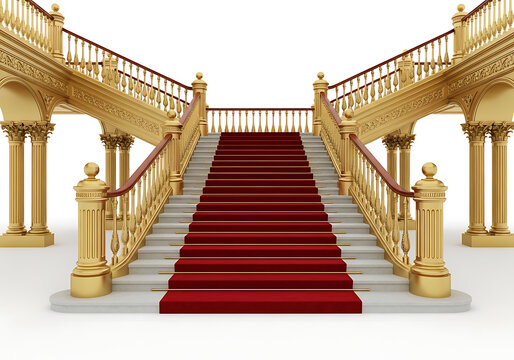 Grand marble staircase with red carpet and statues