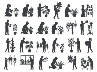 People Caring for Houseplants Silhouette Collection: Watering, Potting, Arranging © KunFhayakun