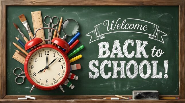 Vintage chalkboard back to school composition with alarm clock, pencils, scissors, and school supplies