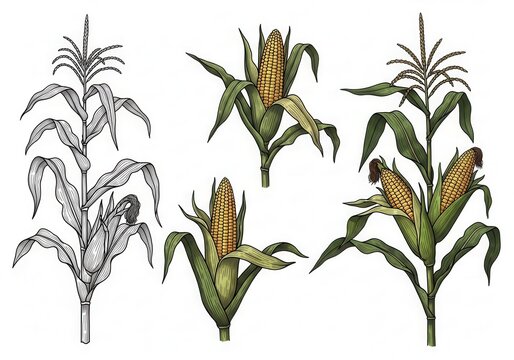Set of hand drawn corn stalks and ears of corn with detailed leaves and kernels in an artistic vintage engraved illustration style for agricultural designs and harvest food themes