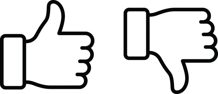 Thumbs up and thumbs down line icons set representing like and dislike feedback choices