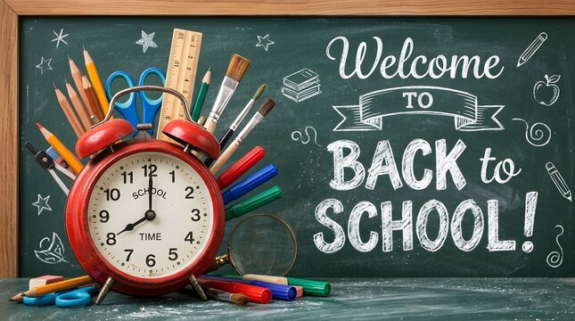 Vintage chalkboard back to school composition with alarm clock, pencils, scissors, and school supplies