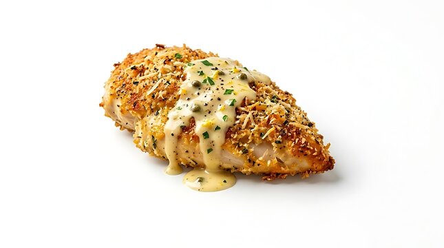A delicious chicken romano breast breaded with parmesan cheese and topped with tangy lemon caper sauce served on a clean white surface with copy space.