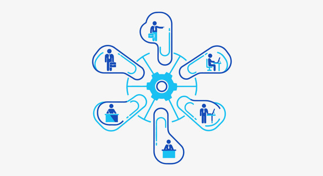 Centralized network diagram with connected people icons.