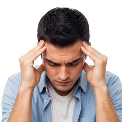 Fototapeta premium Stressed young man holding his head with hands feeling a headache