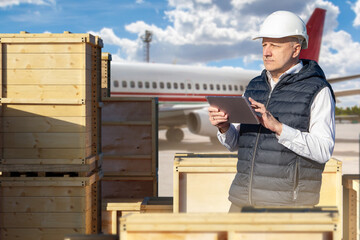 Fototapeta premium Air cargo logistics. Warehouse inspector checks wooden shipping crates near passenger aircraft using tablet at airport cargo terminal