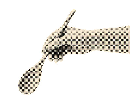 Hand holding vintage retro halftone wooden spoon with circle dots pattern illustration isolated on transparent background