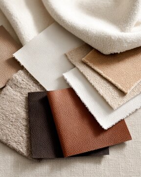 Neutral fabric and leather upholstery swatches flatlay for interior design moodboard and textile material reference