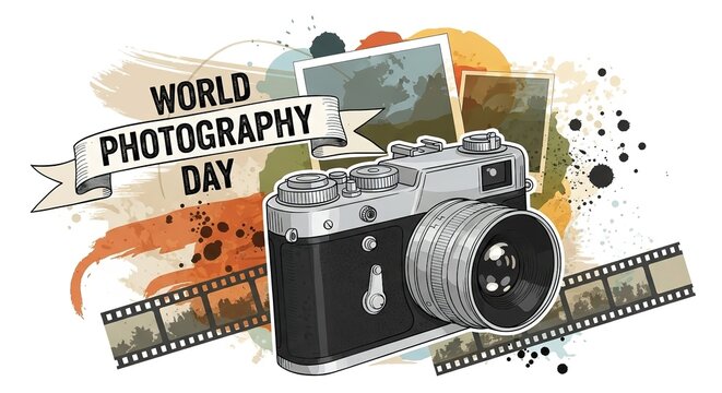 World photography day creative poster with vintage camera and film strips