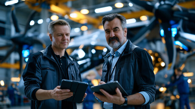 aerospace engineers in a hangar inspect the battery propulsion bay of an electric aviation prototype aircraft, diagnostic tablets in hand as ground crew work around the fuselage in a facility dedica