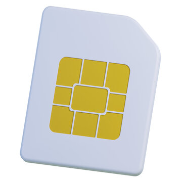 White 3d phone sim card icon with a yellow gold chip isolated on transparent background	