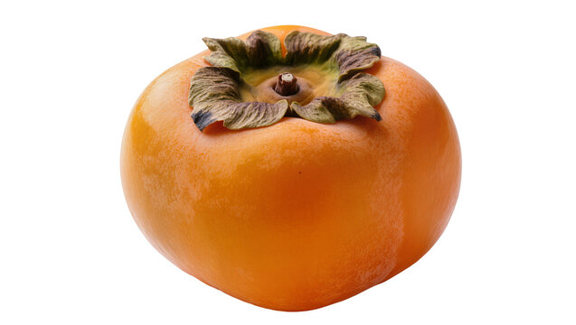 Ripe orange persimmon fruit with green leaves, isolated on transparent background
