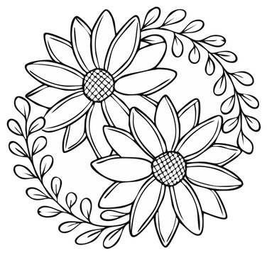 Floral mandala design with two flowers and leaves
