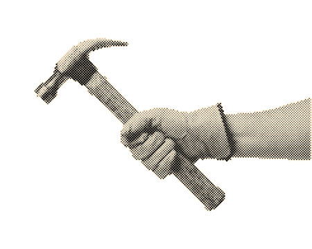 Hand holding vintage retro halftone hammer with circle dots pattern illustration isolated on transparent background