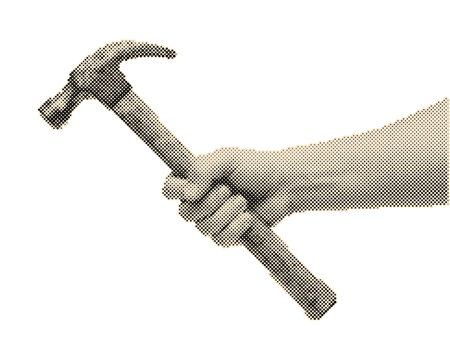 Hand holding vintage retro halftone hammer with circle dots pattern illustration isolated on transparent background