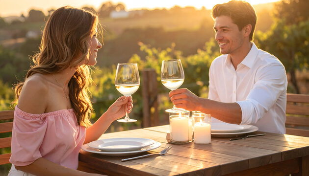 Couple enjoying romantic dinner with wine at sunset outdoors.