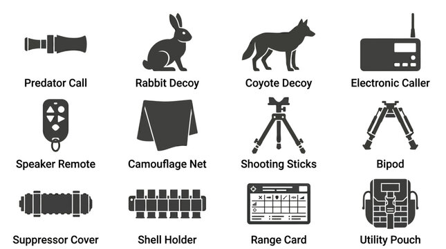 Includes: predator call, rabbit decoy, coyote decoy, electronic caller, speaker remote, camouflage net, shooting sticks, bipod, suppressor cover, shell holder, range card, utility pouch.