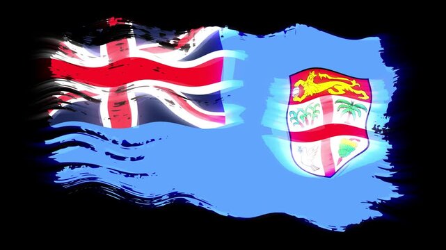 Waving torn Fiji flag grunge brush burn light leaks, transparent background alpha channel loop full HD