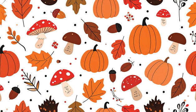 Autumn Leaves Pumpkins Mushrooms Pattern.