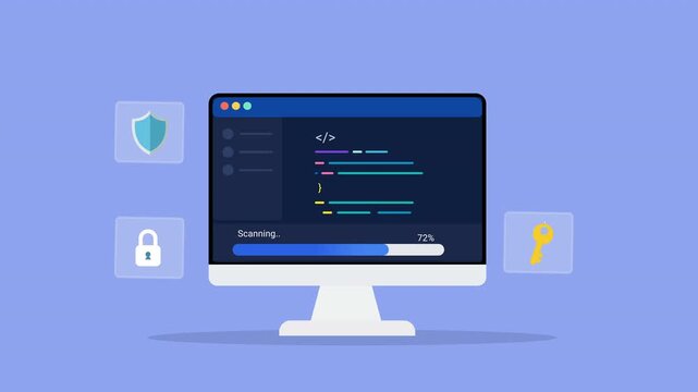 Animated flat vector illustration of a desktop monitor displaying software code with security, lock, and encryption icons. Modern cybersecurity, data protection, and secure technology workflow concept