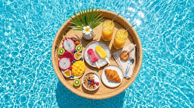 Floating Breakfast Tray With Tropical Fruits and Refreshing Drinks Served in a Resort Swimming Pool